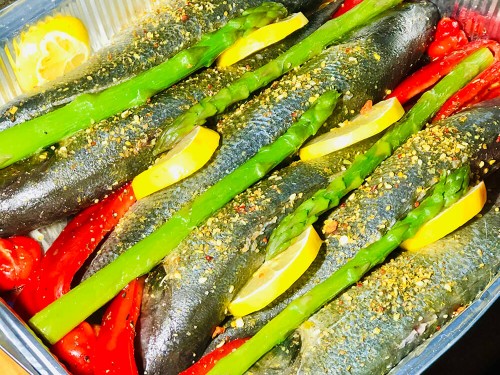 Сибас с овощами на гриле